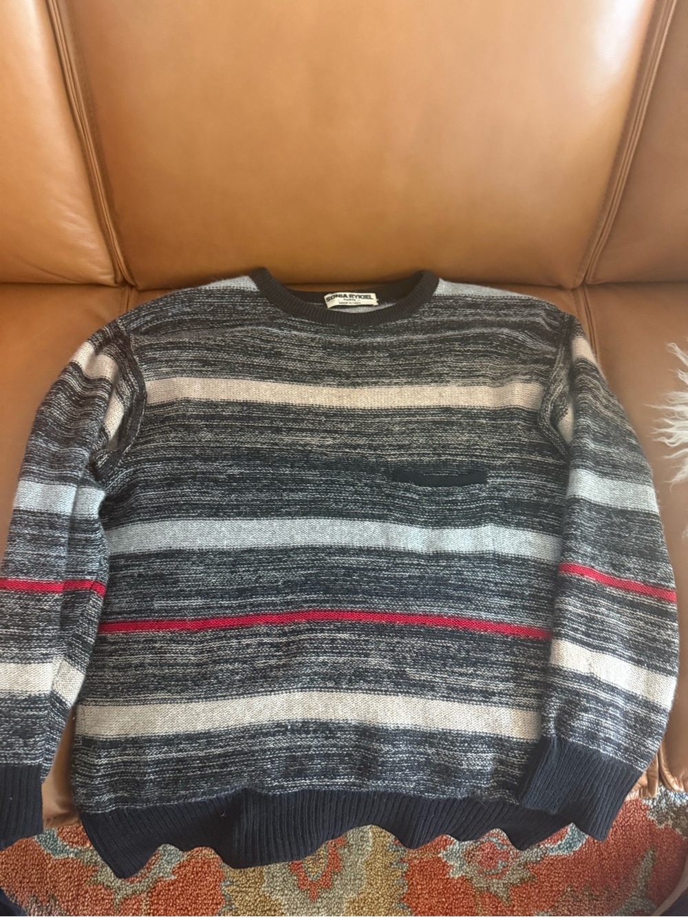 Sonia Rykiel Paris Striped Crewneck Sweater in Navy, Gray & Red